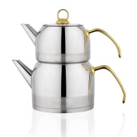 Uzman Türkische Teekanne (ohne OVP) Tea Pot Ideale Größe Silber Gold auch Induktion geeignet, Caydanlik Goldgriff 2,9 Liter Samowar Semaver Teekocher mit Glasdeckel & integriertem Sieb