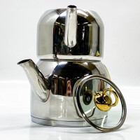 Uzman Türkische Teekanne (ohne OVP) Tea Pot Ideale Größe Silber Gold auch Induktion geeignet, Caydanlik Goldgriff 2,9 Liter Samowar Semaver Teekocher mit Glasdeckel & integriertem Sieb