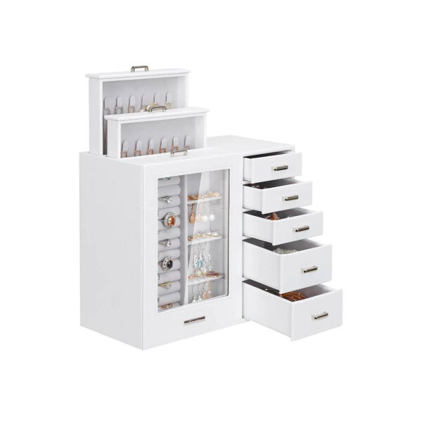 Seelux Jewelery Box in White with 8 Drawers, Glass Window for Necklaces, Rings, Bracelets, Earrings Jewelery Box Jewelery Box (White)