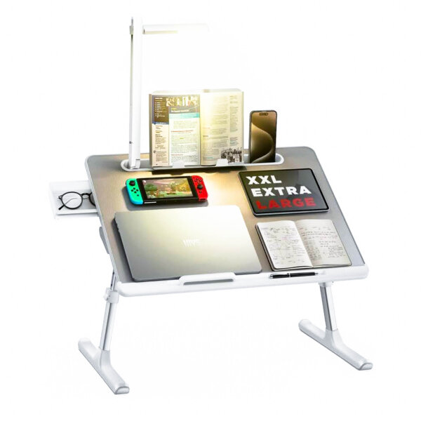 Overbed Table, SAIJI Overbed Table with LED Lamp, Height Adjustable Angle, with Book Holder, Drawer, Folding Stop, Tablet Slot (Grey)