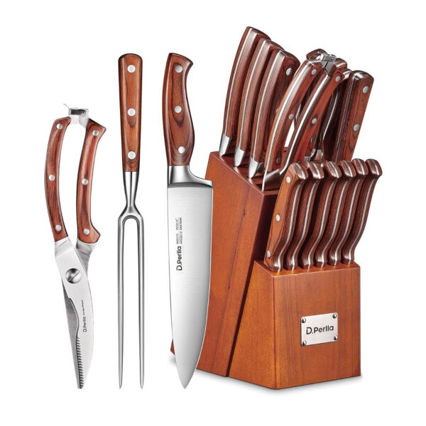 D.Perlla knife block | Knife set | (1 knife is missing, so 15 pieces.) Knife with wooden handle | Stainless steel chefs knife set with wooden block | Professional kitchen knife with sharpening steel