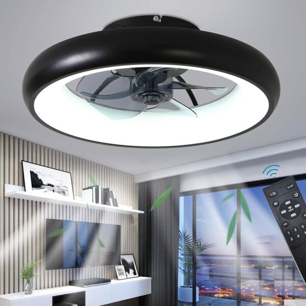 Sky angle LED ceiling fan with lighting, quiet dimmable ceiling light with fan lamp ceiling, quiet ceiling fans with light and timer remote control (matte black, diameter 50 cm x 14 cm)