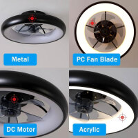 Sky angle LED ceiling fan with lighting, quiet dimmable ceiling light with fan lamp ceiling, quiet ceiling fans with light and timer remote control (matte black, diameter 50 cm x 14 cm)