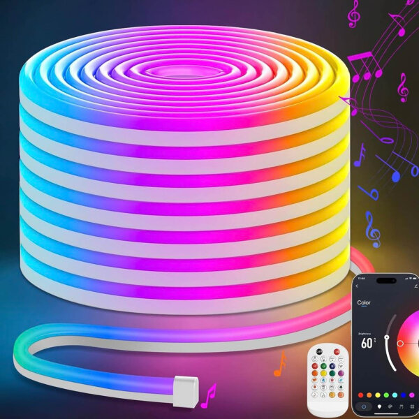 Lamomo Neon LED Strip 20m, RGB Neon LED Strip with Remote Control APP Control, Waterproof Flexible LED Strip, Music Sync Indirect Lighting Band for Living Room, Bedroom, Playroom