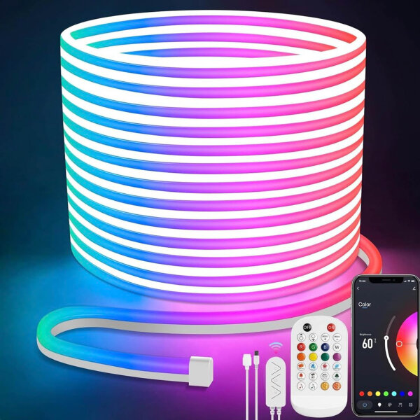 Lamomo Neon LED Strip 20m, RGB LED strip with remote control APP control, waterproof flexible LED strip, music sync indirect lighting band for living room, bedroom, playroom