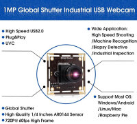 Svpro 60fps Global Shutter USB Camera Module, 720P UVC Webcam Board with AR0144 Sensor, High Speed ​​Industrial Camera for Deep Perception, Biometrics, AR/VR/MR, Robotics and Industrial Control