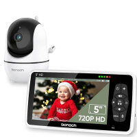 Baby monitor bonoch video baby monitor with camera and audio, baby camera monitor without WiFi, 720P 5 inch HD display, night vision, 22 hour battery, 300 m range, 4x zoom, 2-way audio, temperature, Lullaby, senior pet