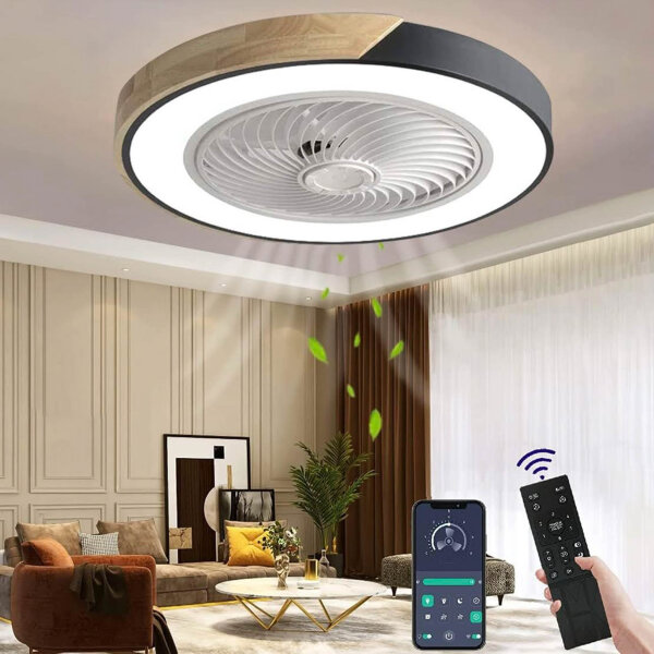 LANMOU Wooden Ceiling Fan (with Paint Scratch) Light and Remote Control/APP Modern LED Ceiling Fan with Lighting Quiet Fan Dimmable Ceiling Lamp for Bedroom Living Room Dining Room Black