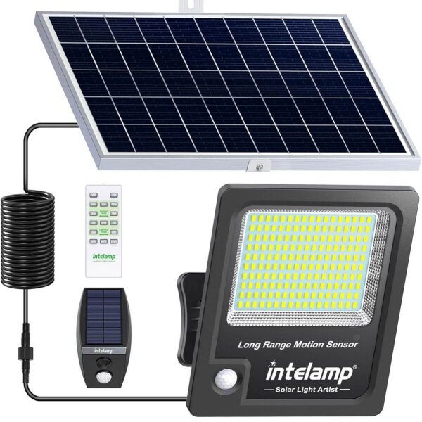 INTELAMP Solarlampen für außen mit Bewegungsmelder,12000mAh 2000LM Solarleuchten für außen mit Fernbedienung,Superhelles Solarlampe für Außenbereich mit 5m Kabel,IP65