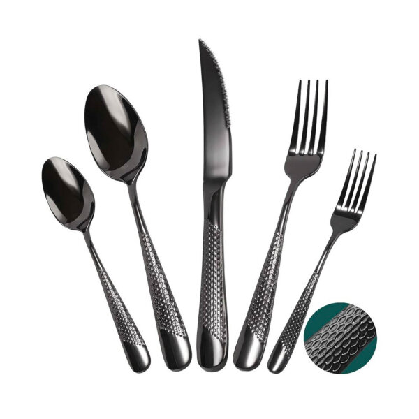 Xideman® cutlery set for 6 people, black modern hammered, with ultra-sharp 2-IN-1 serrated knife, 18/10 stainless steel, 24 pieces, knife forks spoon set titanium plated, dishwasher safe