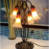 Bieye L30699 Lily Flowers Tiffany Style Hand Blown Glass Accent Table Lamp Night Light for Bedside Living Room Bedroom Decoration, 4 Lights, Orange