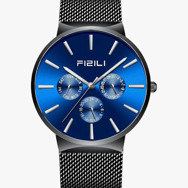 FIZILI Herren Uhren Ultra Dünne Schwarze Minimalistische Quartz mit Milanese Mesh Edelstahl