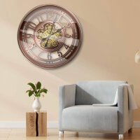 TOKTEKK Wanduhr Groß 53cm mit Beweglichem Zahnrad, Vintage Retro Industrie Metall Wanduhr Romantische Zahlen für Zimmer Zuhause Küche Schlafzimmer Büro Schule (Retro Rot)