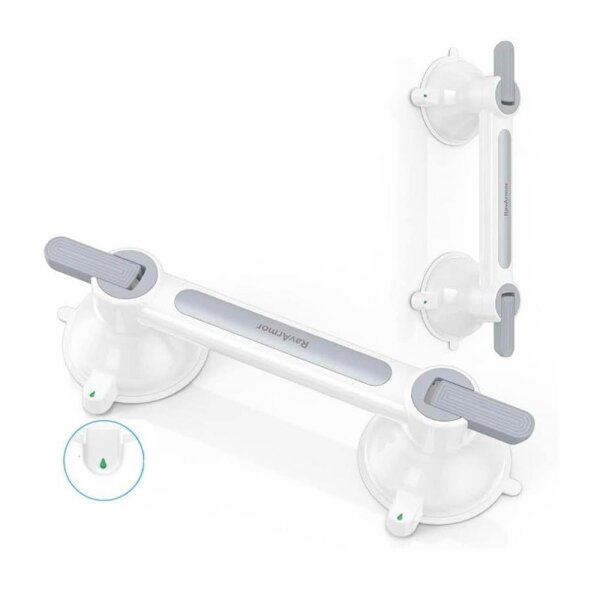 RavArmor 2 Pcs Shower Grab Bars with Safety Color Indicator Nano Glue Vacuum Suction Cup Thickened Shower Handle for Elderly Seniors Gray with White