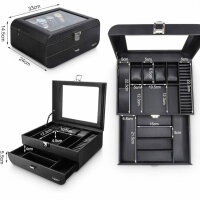 Seelux Uhrenbox Herren Uhren Aufbewahrungsbox mit Glasdeckel, abschließbar Schmuckkästchen Uhrenkoffer für Schmuck Ringe Broschen Brille, Geschenk für Männer Ehemann Freund, Schwarz