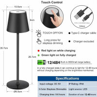 2 Stück Dimmbare LED Akku Tischlampe, Touch Kabellose Tischleuchte mit USB-C, Metall LED Wiederaufladbar Akku Tischlampe für Outdoor und Indoor, Aluminium, IP44 Wasserdicht, 5600mAh, 5W, Schwarz