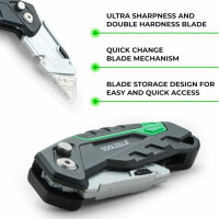 Toolzilla Utility Knife with Retractable Handle (with 9 Replacement Blades) - Heavy Duty Folding Cardboard Cutter - Razor Sharp Blade Perfect for Cardboard, Carpet, Rope, Boxes, Rubber and Leather - Perfect for Home Office and Outdoor Camping