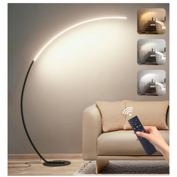 Aanyhoh LED floor lamp dimmable arc lamp living room, 25W black floor lamp with remote control, modern arc lamp 3 color temperature & memory function, reading lamp for sofa, office, bedroom, H: 170cm