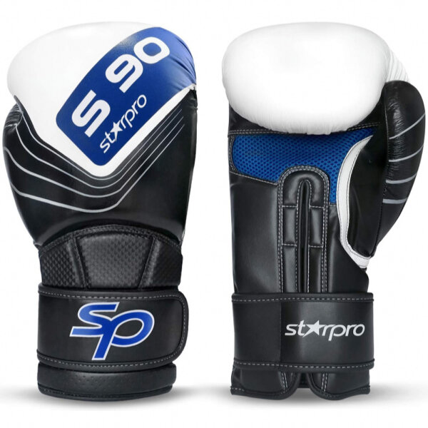 Starpro S90 Boxhandschuhe (12oz) aus PU-Leder für professionelles Training und Sparring im Muay Thai Kickboxen Fitness – Männer und Frauen – Schwarz und Blau – 8oz 10oz 12oz 14oz 16oz