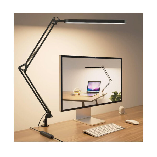 SKYLEO Schreibtischlampe LED – 80cm Schreibtisch Lampe – 5 Farbmodi x 11 Helligkeitsstufen – Verstellbarer Schwenkarm – Timmer und Speicherfunktion – 12W Desk Lamp – Schwarz