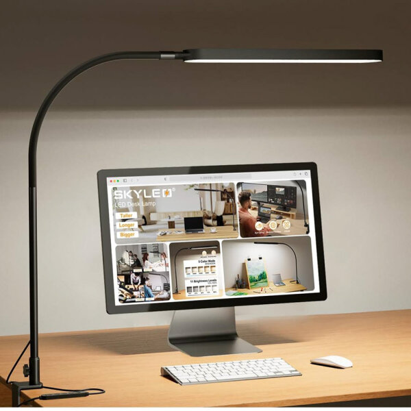 SKYLEO Schreibtischlampe LED – 85cm Schreibtisch Lampe – Flexibler Schwanenhals – 5 Farbmodi x 11 Helligkeitsstufen – 1300LM – Timmer und Speicherfunktion – 12W Desk Lamp – Schwarz