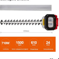 TEENO Elektro-Heckenschere, Heckenschere 710W, Elektrische Heckenschere mit Doppelschneidblatt 610mm, Zahnöffnung 24mm, Profi Hecken- & Strauchschere, Sicherheitsschalter, Messer-Quick-Stop