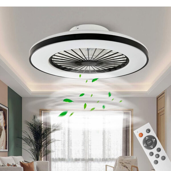 BKZO Moderne LED Deckenleuchte mit Ventilator, Deckenventilator mit Lampe, 24 Lüftungsgeschwindigkeiten, stufenlos dimmbares Licht für Wohnzimmer, Schlafzimmer, Büro, 3000-5500 K, (schwarzer Rahmen 50CM)