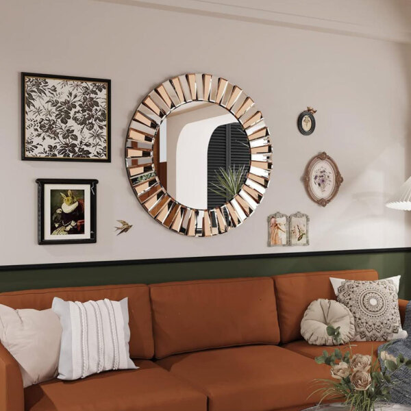 Artloge Round Decorative Wall Mirror Gold 80×80, Mirror with Metal Hooks, Hanging Mirror, Makeup Mirror, Door Mirror, Bathroom Mirror for Bathroom, Living Room, Bedroom