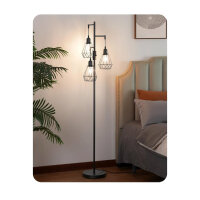 EDISHINE Stehlampe Wohnzimmer 163cm, Vintage Standleuchte Dimmbar, Industrial Stehleuchte Schwarz mit LED E27 Leuchtmittel, 3 Käfig Lampenschirm aus Metall, für Modern Deko Schlafzimmer, Geschenk