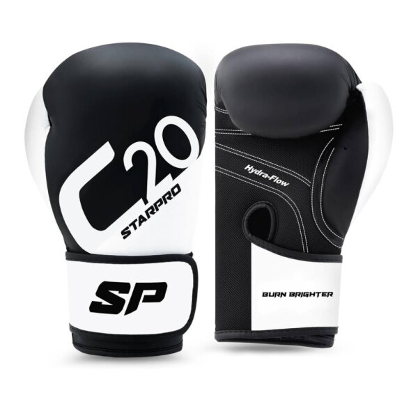 Starpro C20 Boxhandschuhe (12oz) aus PU-Leder für Sparring-Training im Muay Thai Kickboxen Fitness – Männer und Frauen – Schwarz und Weiß