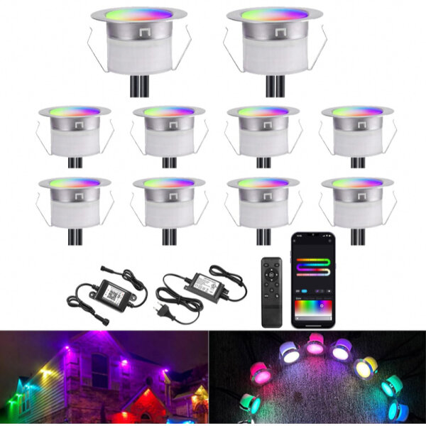 10er WIFI Bodeneinbaustrahler Aussen Led RGB+IC, Ø31mm 12v Led Bodeneinbauleuchten Mini Spot Led Einbaustrahler Treppenbeleuchtung, IP67 Wasserdicht, APP Steuerbar, Kompatibel mit Alexa Google Home