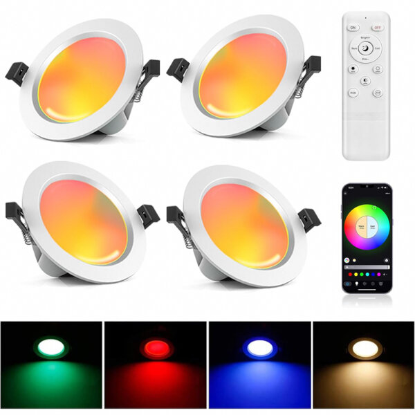 4er Bluetooth 9W LED Deckenspot Flach RGBWC+CCT, Smart LED Einbaustrahler 230V Dimmbar mit Fernbedienung LED Einbauleuchten Einbauspots LED Downlight, RGB+2700K-6500K, Musik Sync APP Steuerung