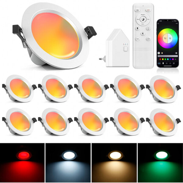 Pack of 10 9W RGBWC+CCT LED spots 230V, WiFi Bluetooth LED recessed spotlights dimmable LED recessed spots flat LED downlight recessed lights, RGB+2700K-6500K, APP control, compatible with Alexa Google Home