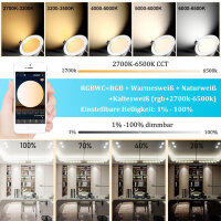 Pack of 10 9W RGBWC+CCT LED spots 230V, WiFi Bluetooth LED recessed spotlights dimmable LED recessed spots flat LED downlight recessed lights, RGB+2700K-6500K, APP control, compatible with Alexa Google Home