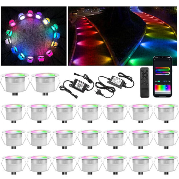 20er WIFI RGB+IC Led Mini Spot 12v, Ø31mm Bodeneinbaustrahler Aussen Led Bodeneinbauleuchten Treppenbeleuchtung, IP67 Wasserdicht, APP Steuerbar, Led Einbaustrahler Kompatibel mit Alexa Google Home