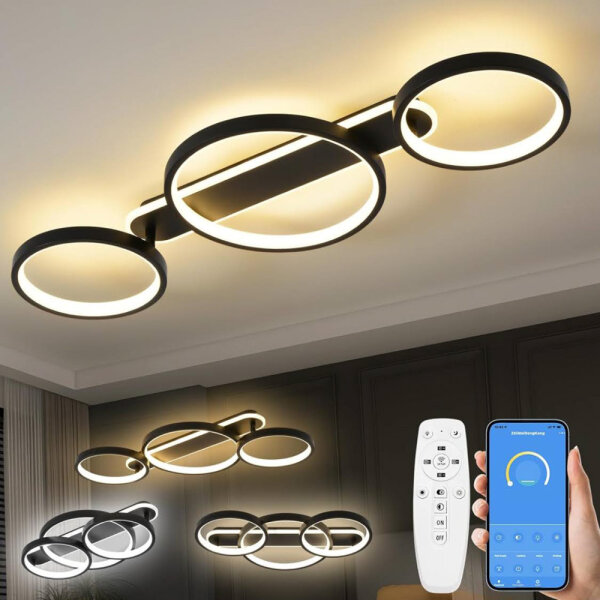 LED ceiling lamp, dimmable ceiling light with remote control APP, adjustable ring shape living room lamp 3 bulbs chandelier lamp, 36W 3000-6500K ceiling lighting for bedroom living room, black 78cm