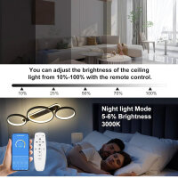 LED ceiling lamp, dimmable ceiling light with remote control APP, adjustable ring shape living room lamp 3 bulbs chandelier lamp, 36W 3000-6500K ceiling lighting for bedroom living room, black 78cm