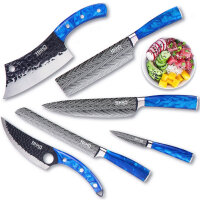 JIKKO® Japanese Knife Set VG-10 Reinforced Carbon Steel - Complete Kitchen Knife Set - High Quality Chefs Knives with Ocean Blue Handles - Exceptional Sharpness