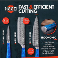 JIKKO® Japanese Knife Set VG-10 Reinforced Carbon Steel - Complete Kitchen Knife Set - High Quality Chefs Knives with Ocean Blue Handles - Exceptional Sharpness