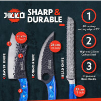 JIKKO® Japanese Knife Set VG-10 Reinforced Carbon Steel - Complete Kitchen Knife Set - High Quality Chefs Knives with Ocean Blue Handles - Exceptional Sharpness