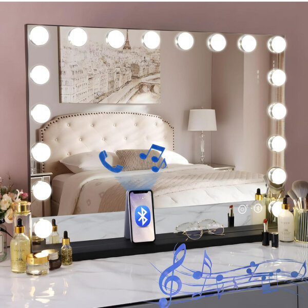 Hansong large Hollywood mirror (without original packaging) with lighting and music speakers, 18 dimmable LED lamps, illuminated make-up mirror with USB charging port Hollywood make-up mirror