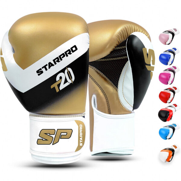 Starpro T20 Boxing Gloves (12oz) PU Leather for Training and Sparring in Muay Thai Kickboxing Fitness - Men and Women - Multiple Colors - 8oz 10oz 12oz 14oz 16oz