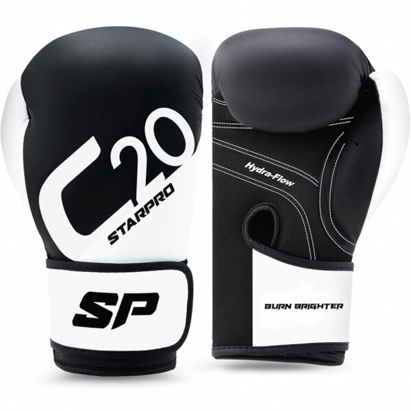 Starpro C20 PU Leather Boxing Gloves (14oz) for Sparring Training in Muay Thai Kickboxing Fitness - Men and Women - Black and White - 8oz 10oz 12oz 14oz 16oz