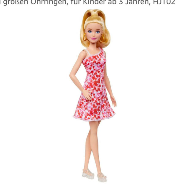 Barbie Fashionistas Nr. 205 Puppe mit blondem Pferdeschwanz und süßem Blumenkleid, Plateausandalen und großen Ohrringen, für Kinder ab 3 Jahren, HJT02