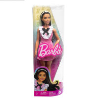 Barbie Fashionistas HJT06 – Sportliche Puppe mit schwarzem Haar und perlenartigem Haarband, trägt ein rosa kariertes Kleid mit schwarzer Schleife und Rüschenkragen, für Kinder ab 3 Jahren