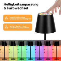 WUYOR LED Dimmbare Tischlampe Kabellose, Wiederaufladbar 3000K Farbtemperaturen und 7 RGB-Farben Tischleuchte mit USB-C, IP54 Wasserdichte Schwarz 2 Packung