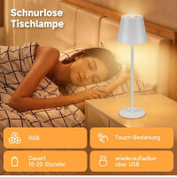 WUYOR LED Dimmbare Tischlampe Kabellose, Wiederaufladbar 3000K Farbtemperaturen und 7 RGB-Farben Tischleuchte mit USB-C, IP54 Wasserdichte weiß 2 Packung