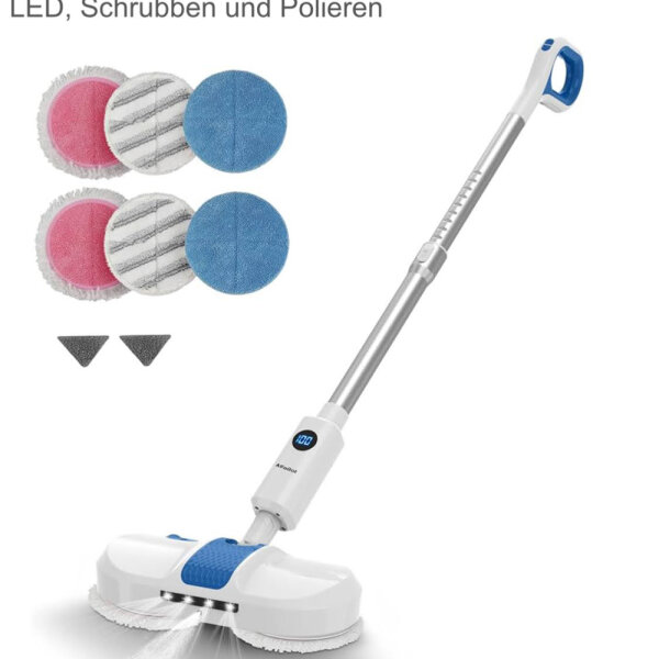 AlfaBot S1 Akku bodenwischer, Kabellos Elektrischer Mopp, mit Sprühfunktion, Abnehmbarer und wiederaufladbarer Akku, LED, Schrubben und Polieren