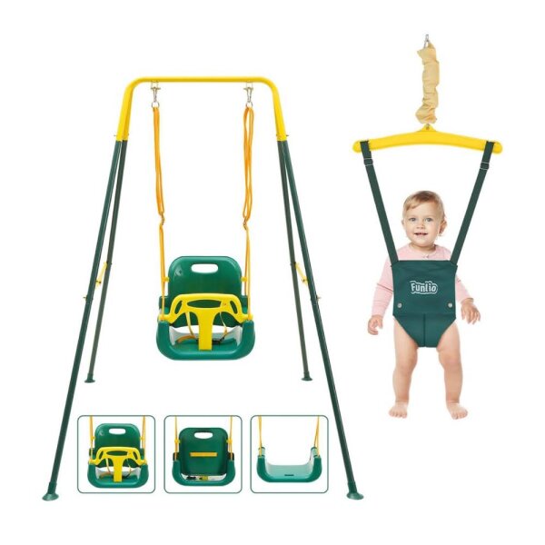 FUNLIO 2-in-1 swing set and baby door bouncer for toddlers, swing set for children with 4 sandbags, foldable metal stand for indoor and outdoor use, easy to assemble and store - green