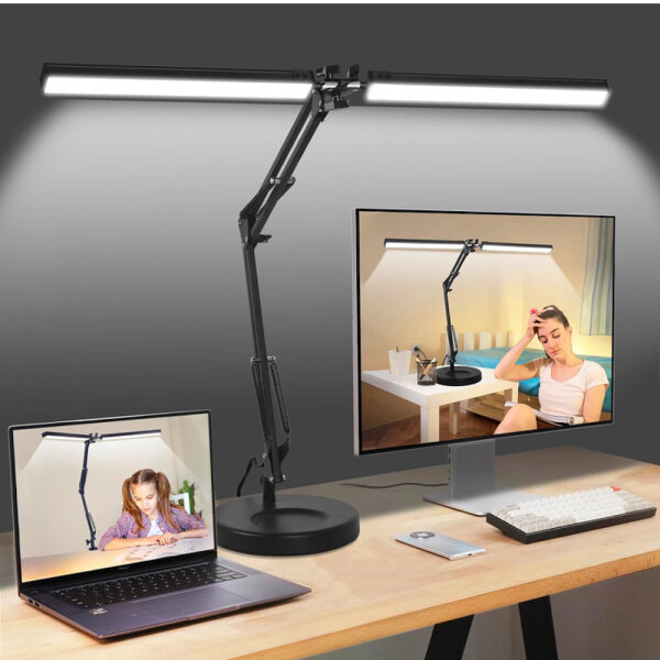 NOEVSBIG LED-Schreibtischlampe 2 in 1 Augenschutzlampe mit 3 Farbmodi, Doppelkopf-Tischlampe, Büro-Werkbanklampe, Leselampe mit Speicherfunktion Desk Lamp